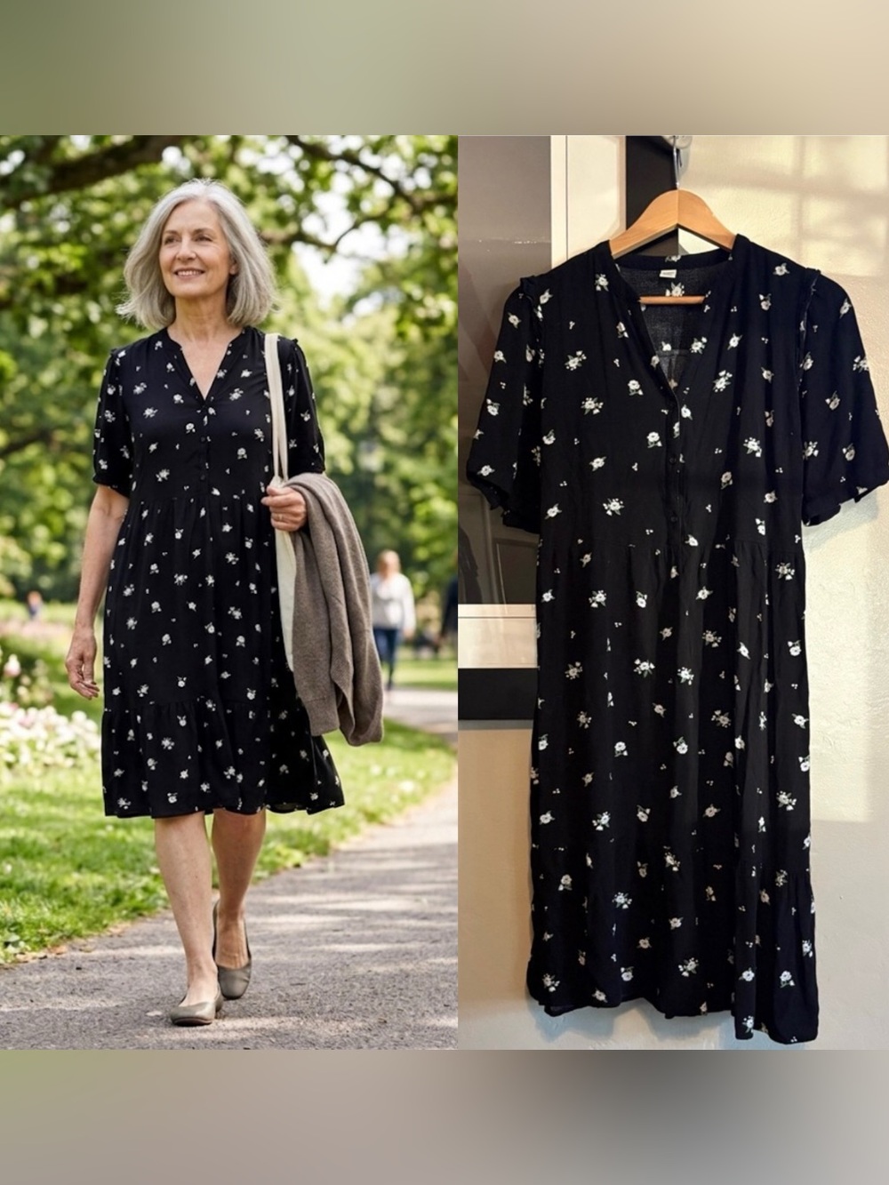 Old Navy Black Dress with White Floral Pattern